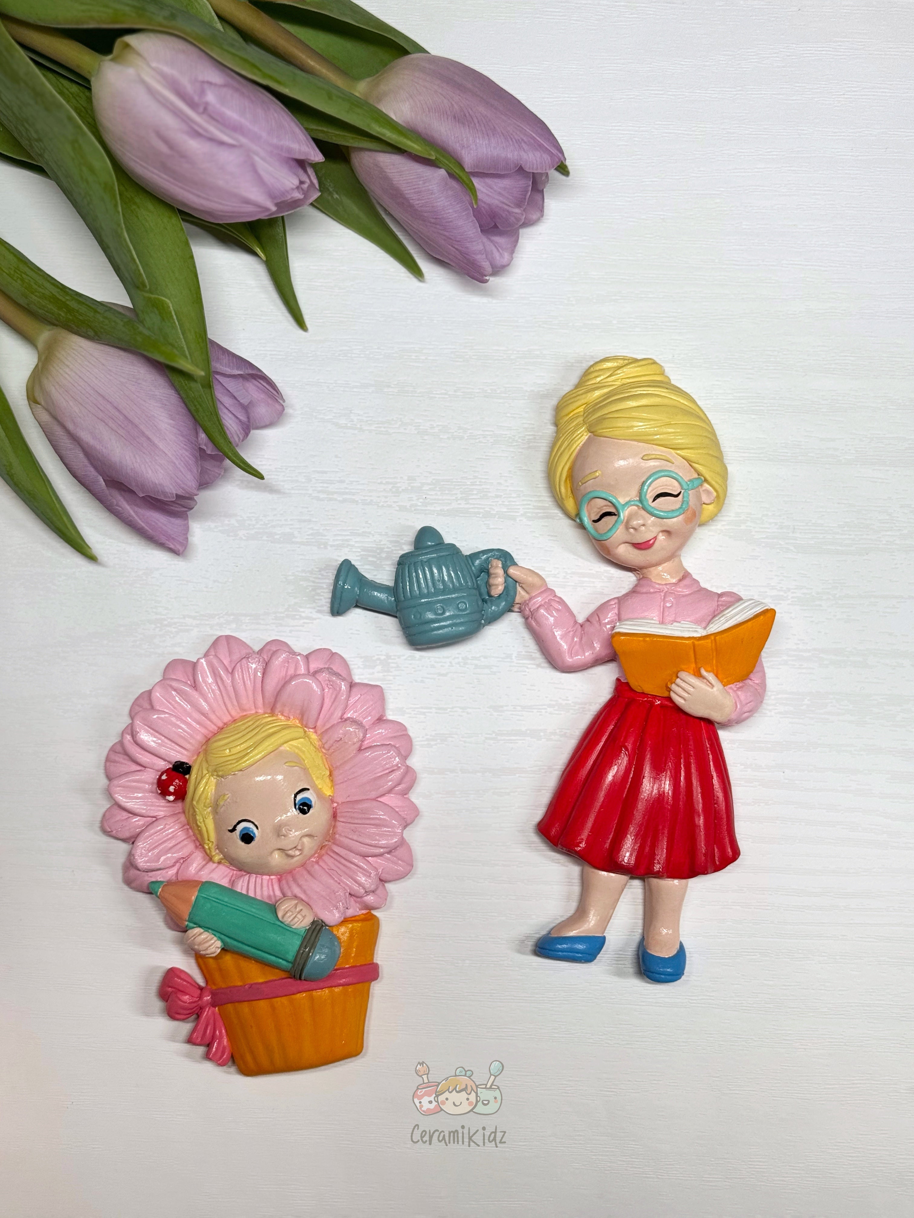 Keramik magnet med lærer & barn