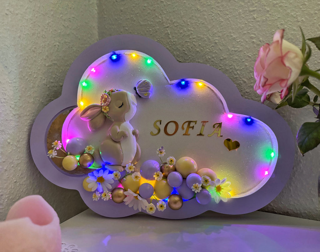 Decorative cloud-shaped plaque with LED lights and 'SOFIA' text, featuring a cartoon character and flowers.
