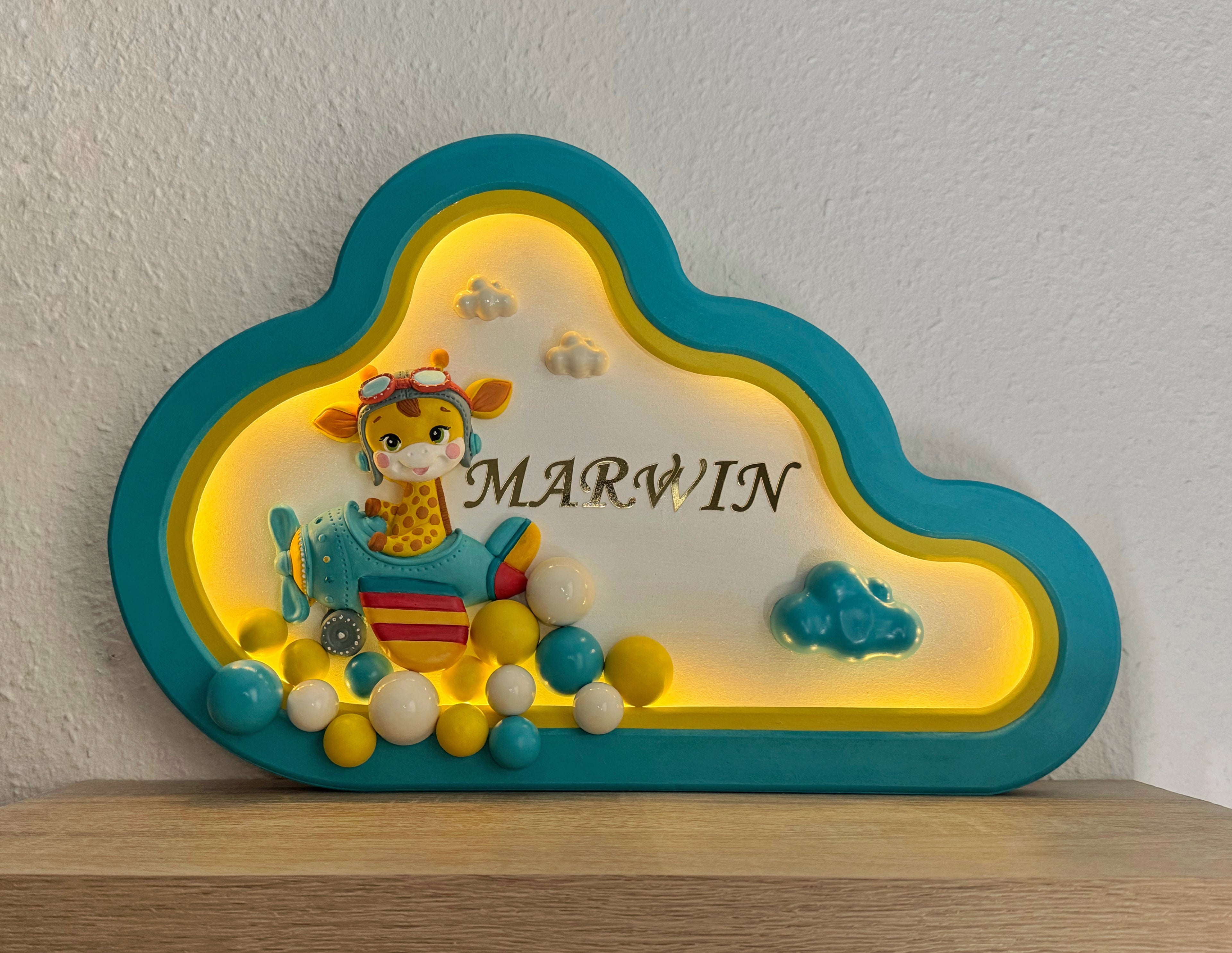 Personlig Sky & Giraf Natlampe med Navn